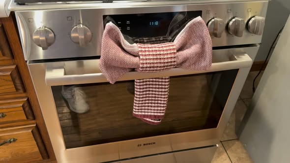 Spotless stainless steel oven front with a towel on the handle