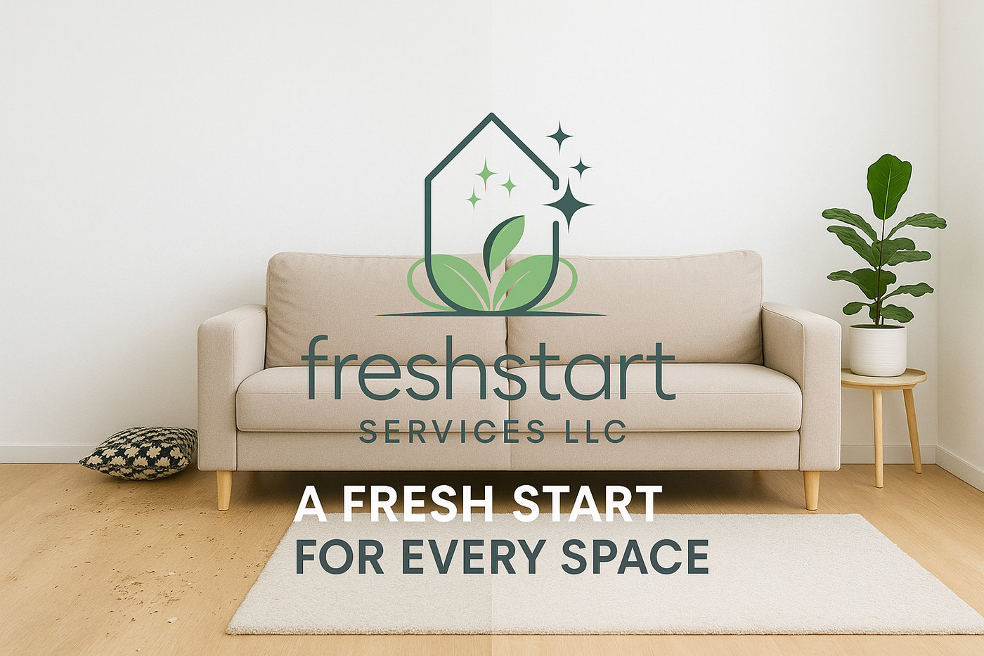 Fresh Start Services LLC logo over a clean, bright living room with a sofa and plant